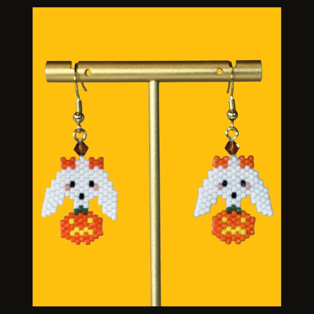 Hand crafted Small Beaded Poodle and Pumpkin Earrings for Halloween Gold Plated